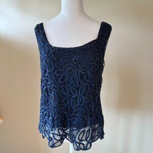 Soulmates Silk Navy Blue Floral Beaded Crochet Scoop Tank Top Womens XL Vintage